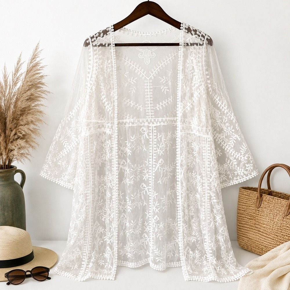 Unbranded White Lace Embroidered Mesh Kimono Boho Coastal Cowgirl Cover Up M